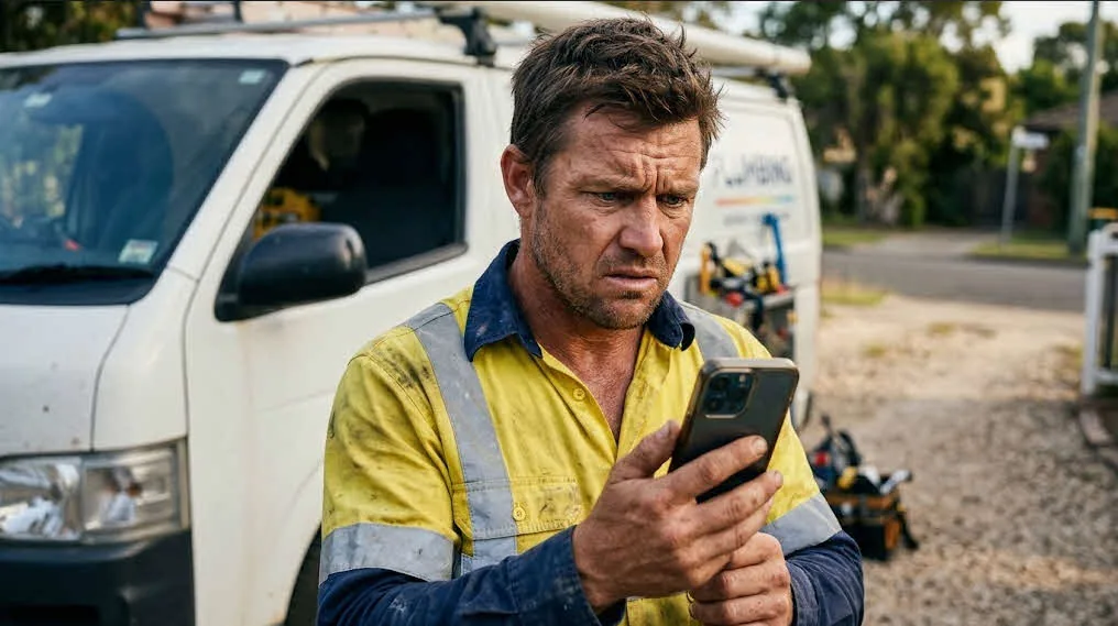 A plumber in hi-vis beside his van, frowning at his phone